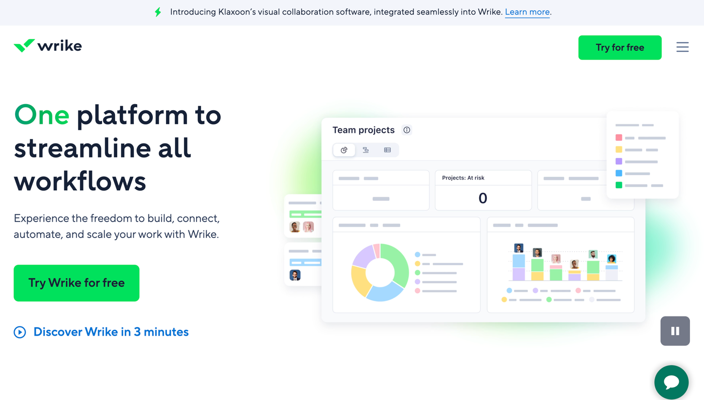 screenshot of Wrike website homepage with the words one platform to streamline all workflows
