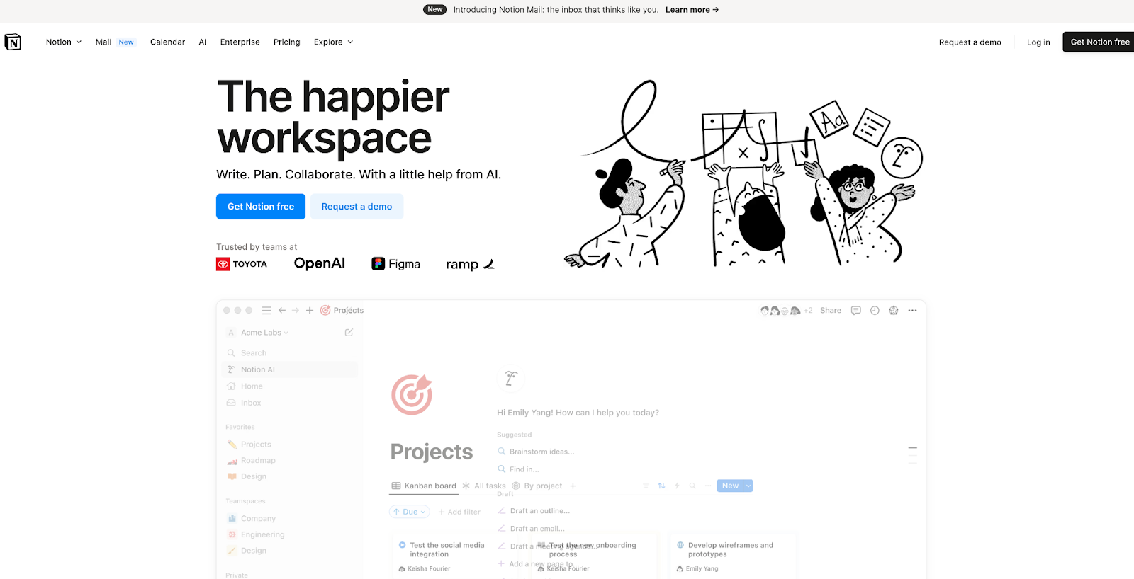 notion website homepage screenshot showing briefly the product interface with the words the happier workspace