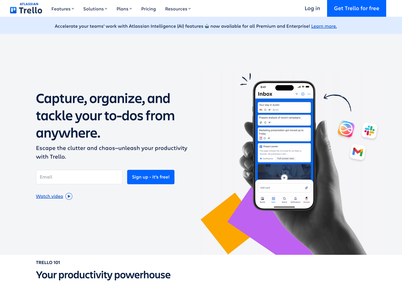 trello website homepage screenshot with the words capture, organize, and tackle your to-dos from anywhere