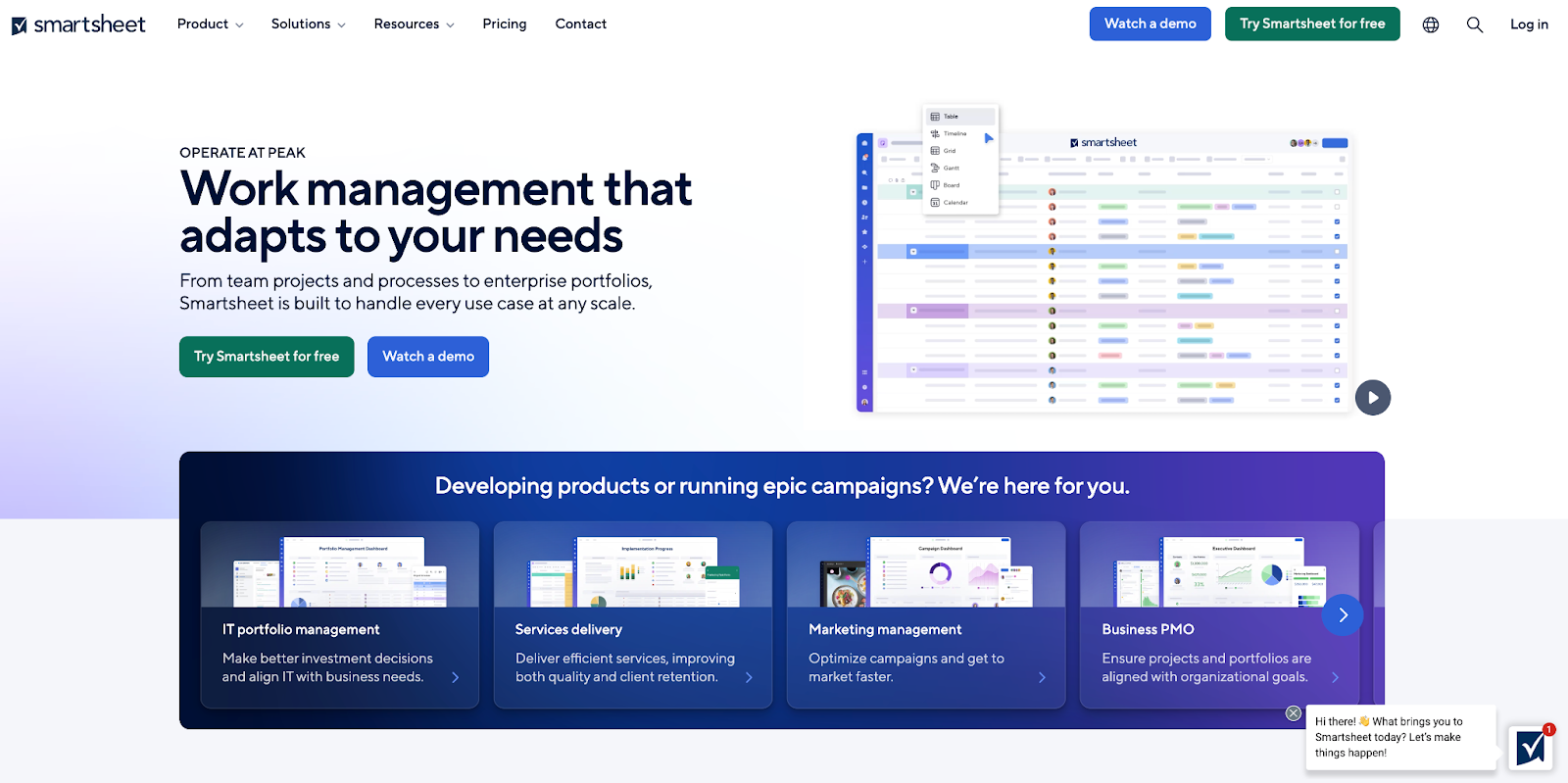 smartsheet website homepage screenshot with the words work management that adapts to your needs