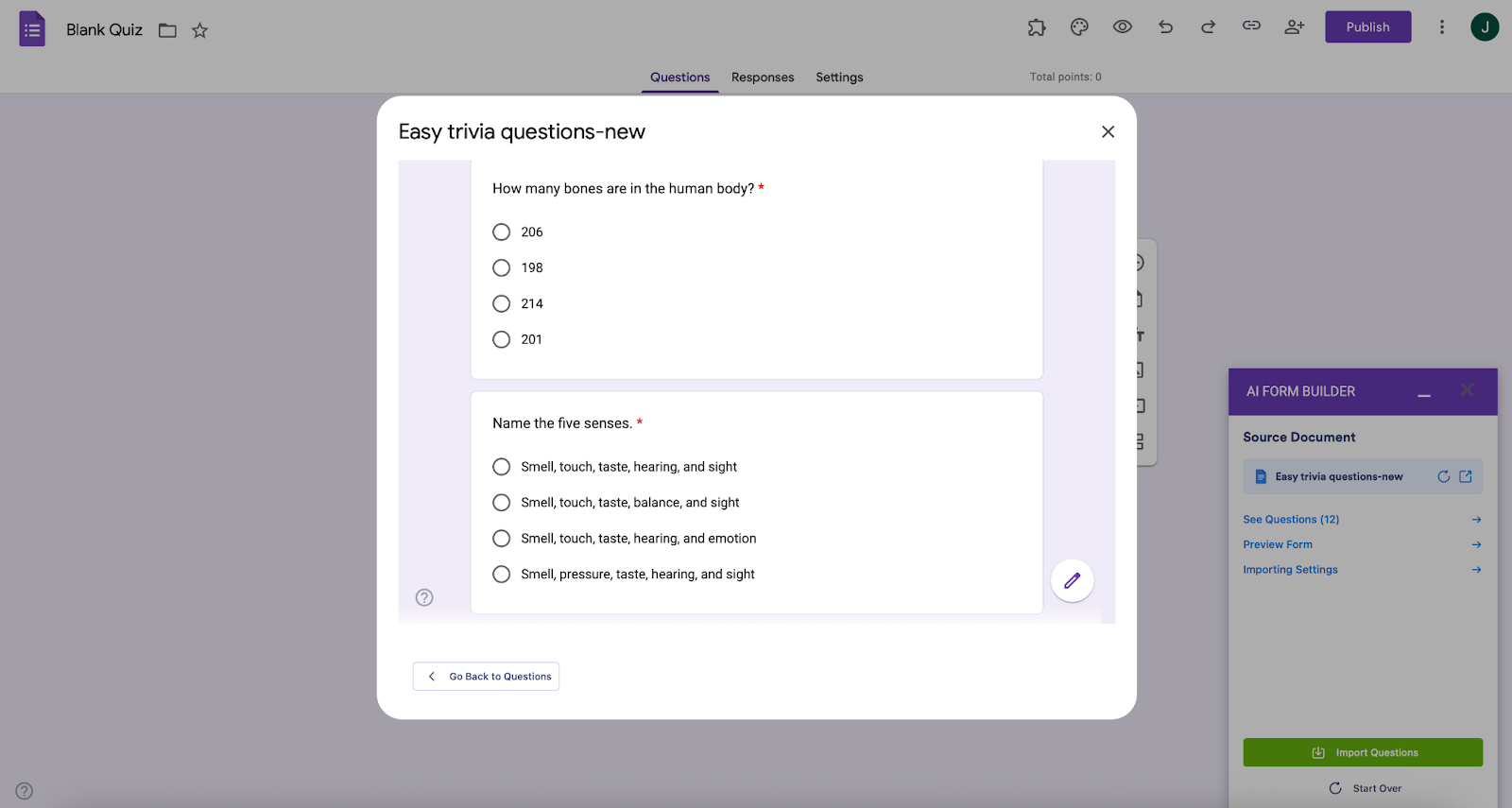 AI Form Builder Preview Questions Menu