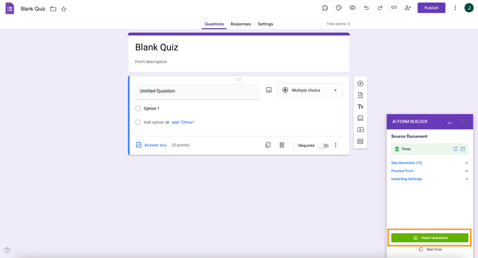 AI Form Builder Import Questions Button