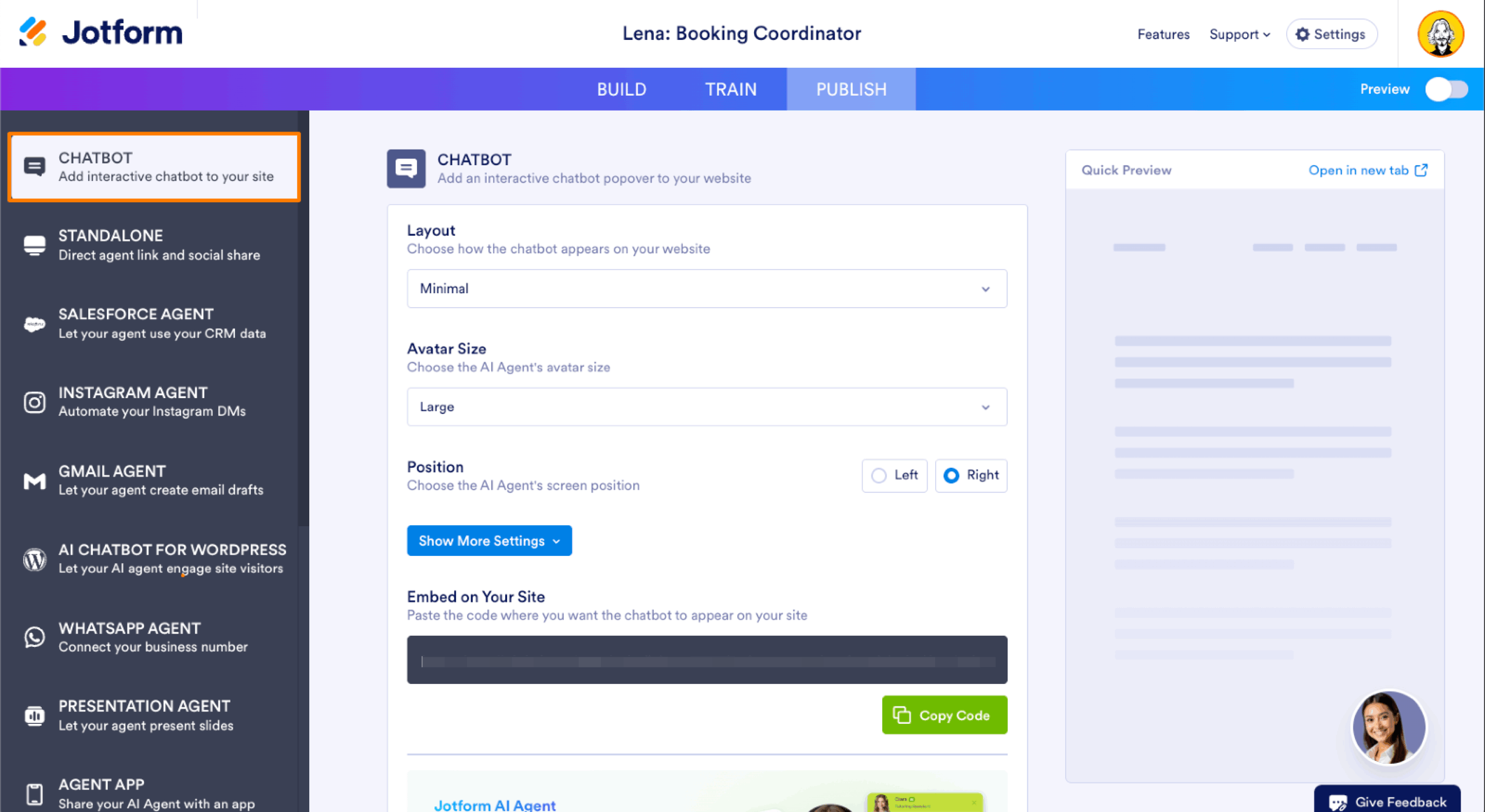 Jotform AI Agent Builder Publish Tab Chatbot Option