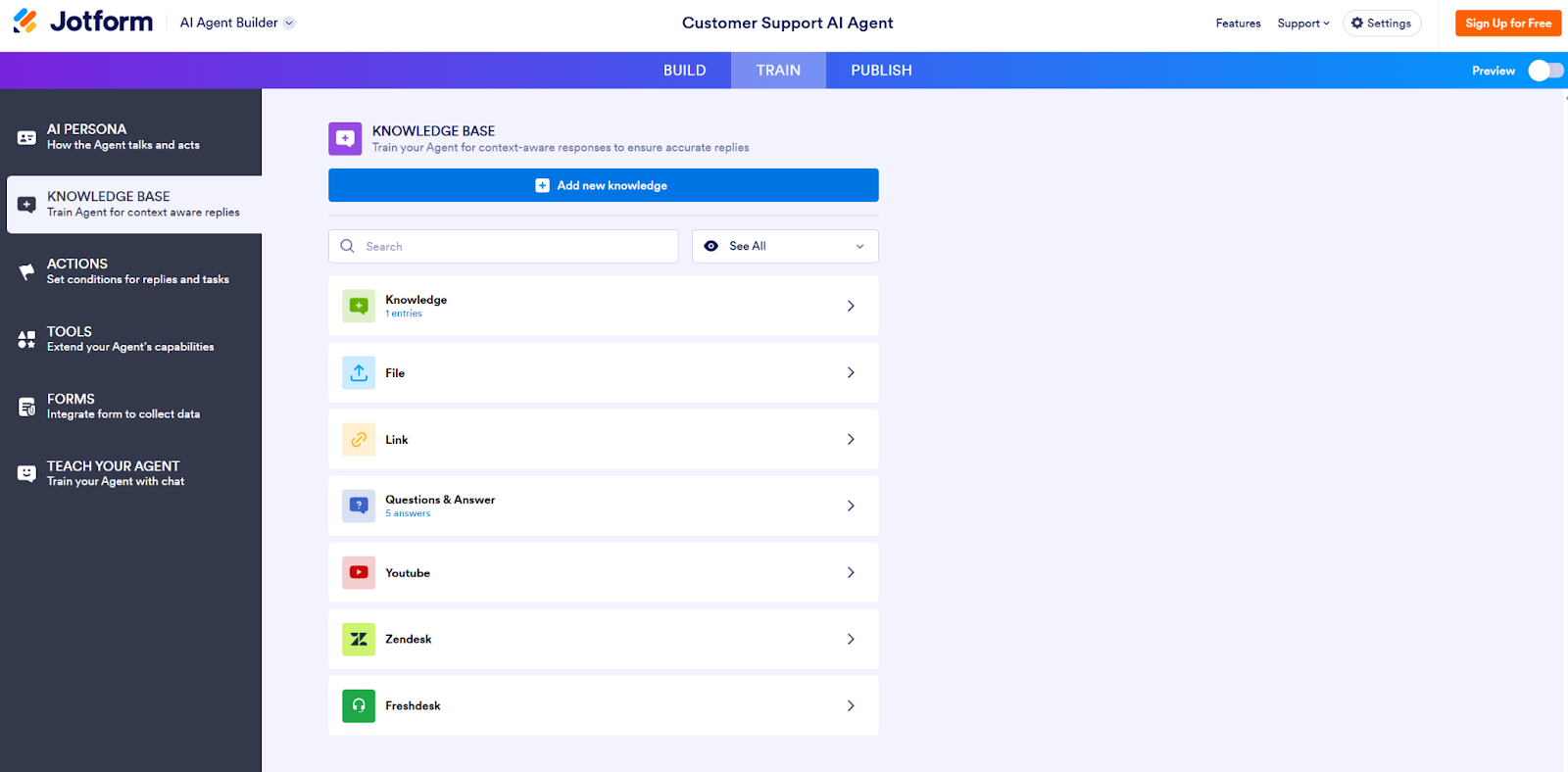 Screenshot from Jotfrom's customer service chatbot shows how easy it is to train the AI