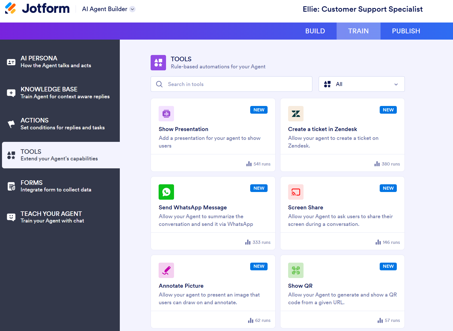 Screenshot from Jotform's chatbot UX showing how you can add rule based automations to develop chatbots for specific use cases