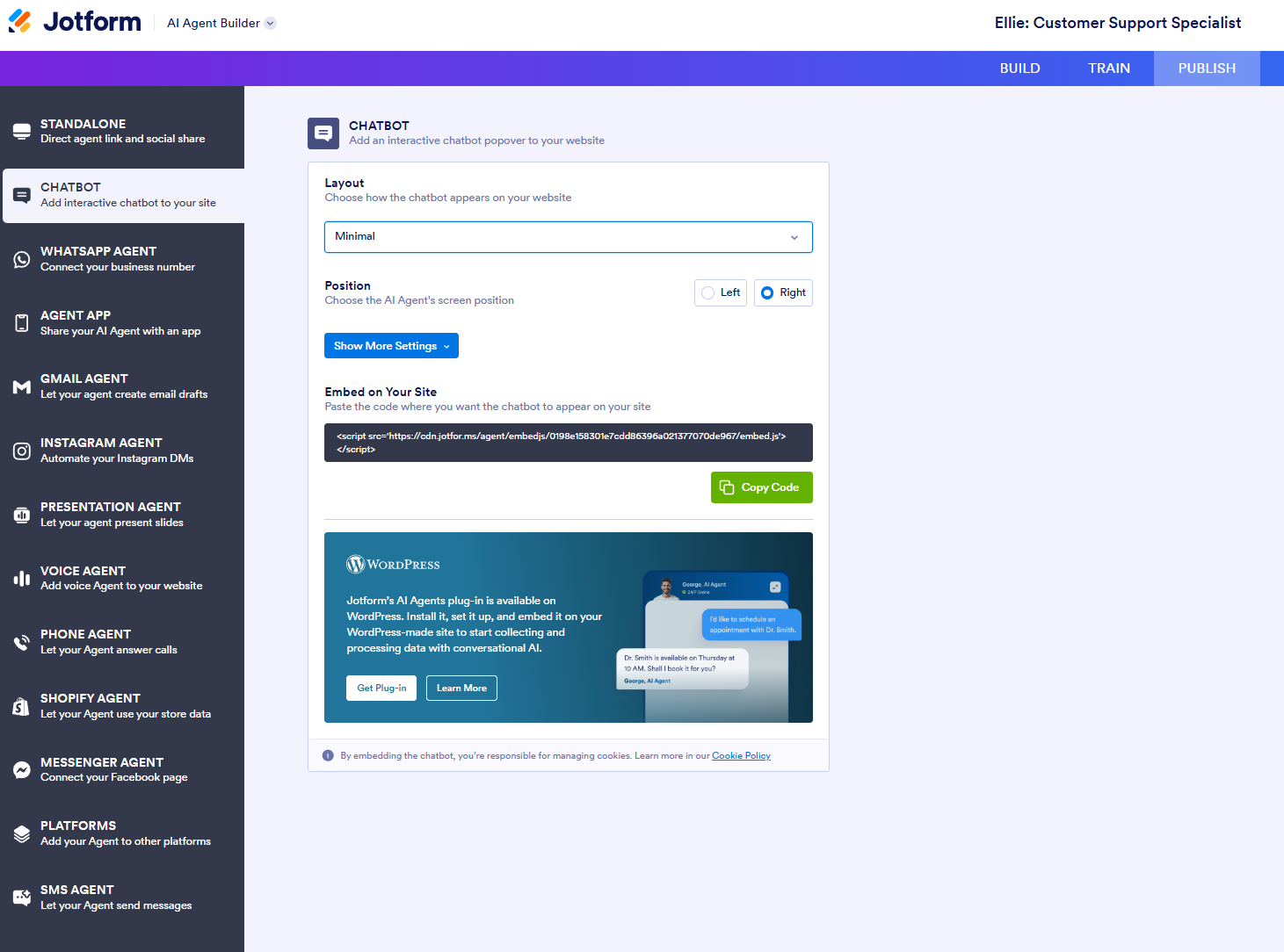 Screenshot from Jotform's AI chatbots shows how users can hit publish on chatbots for any use case and access embed codes
