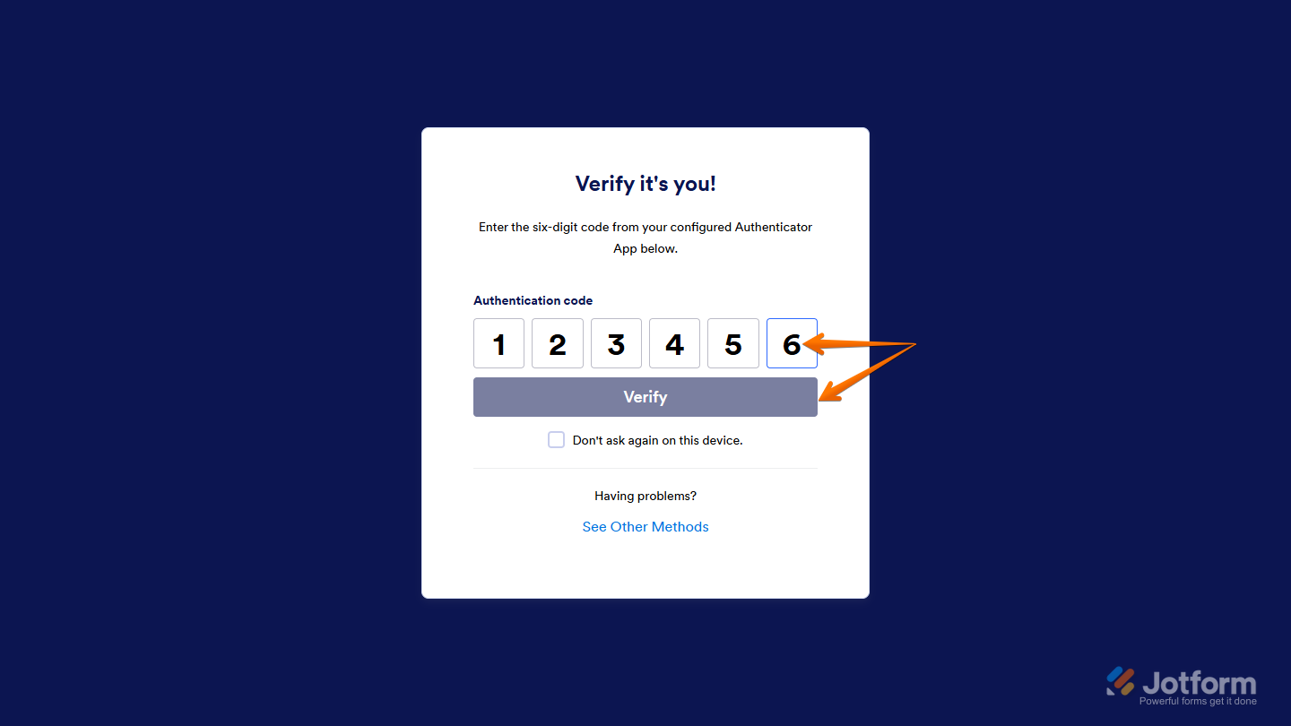 Authentication code and verify button on the Server Login page