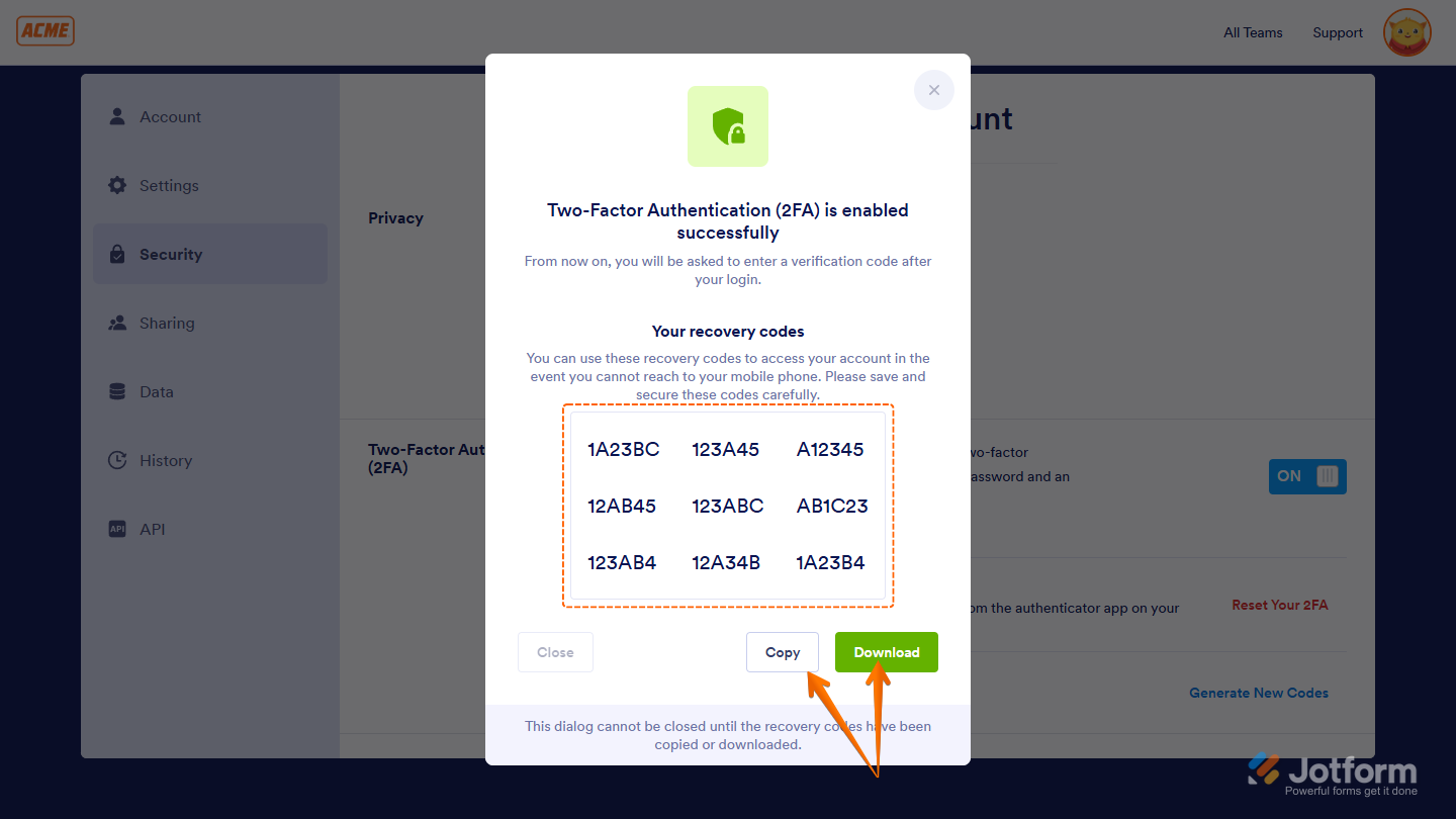 Recovery codes in the Two-Factor Authentication Enabled Successfully window in the Security tab of the Account Settings page