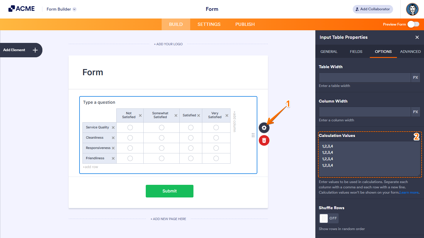 Setting up calculation values in an Input Table in Form Builder through the Options tab and entering comma-separated and line-broken values in the Calculation Values field