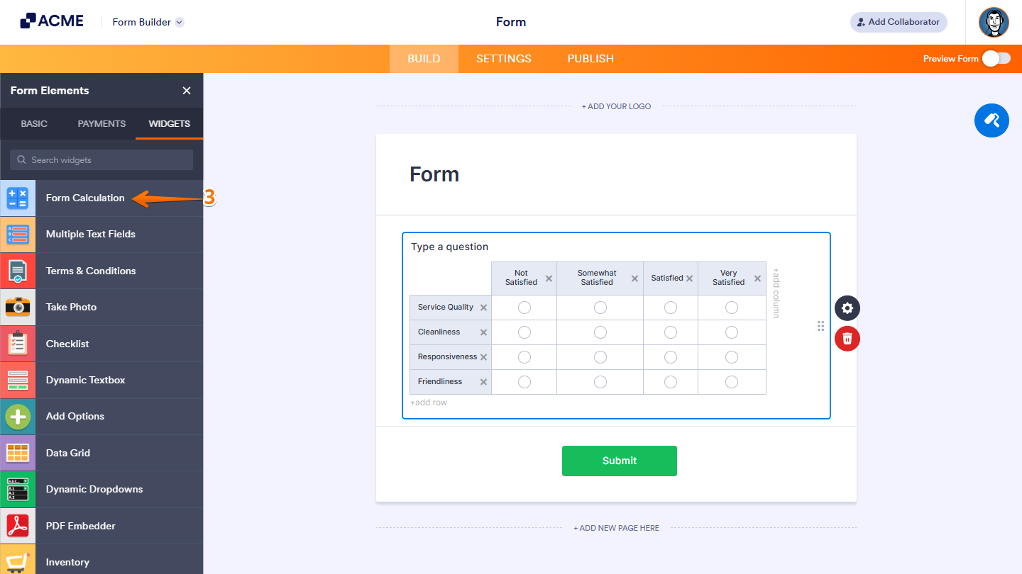 Adding a Form Calculation widget to a form in Form Builder to perform calculations on Input Table values