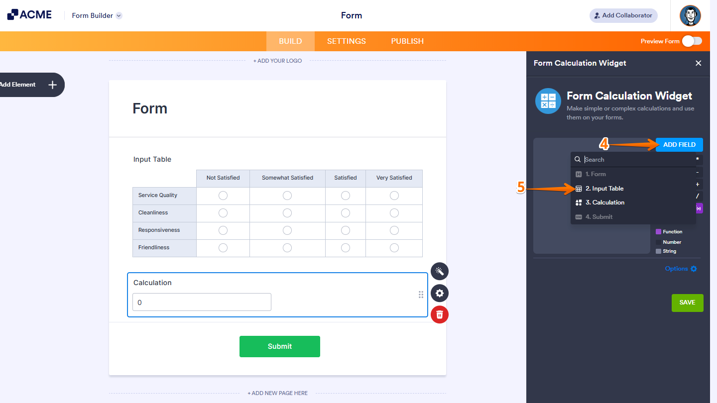 Selecting the Input Table field from the Add Field dropdown in the Form Calculation widget settings 