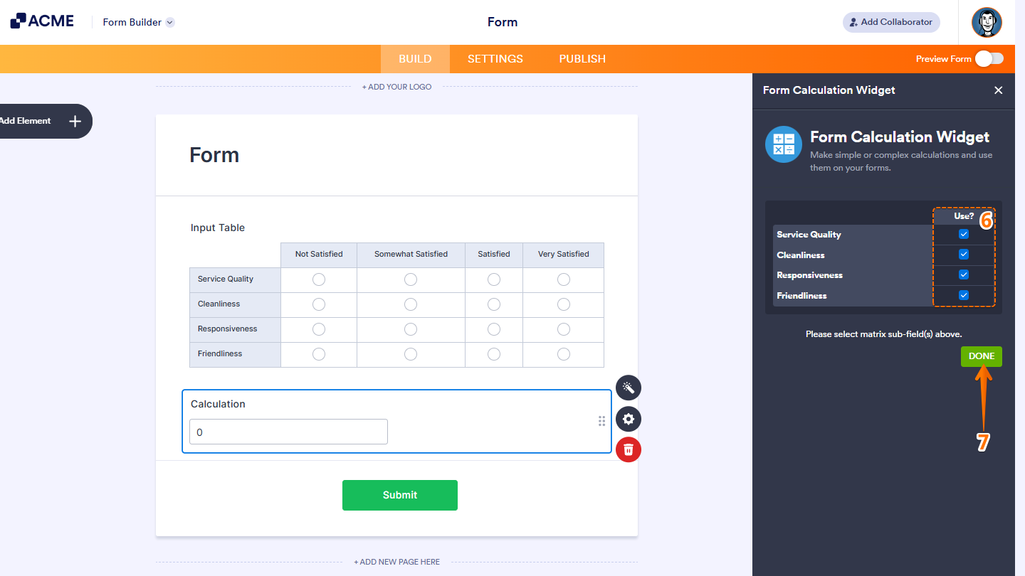 Checking the Matrix Sub-Fields in the Form Calculation widget settings to include them in the calculation