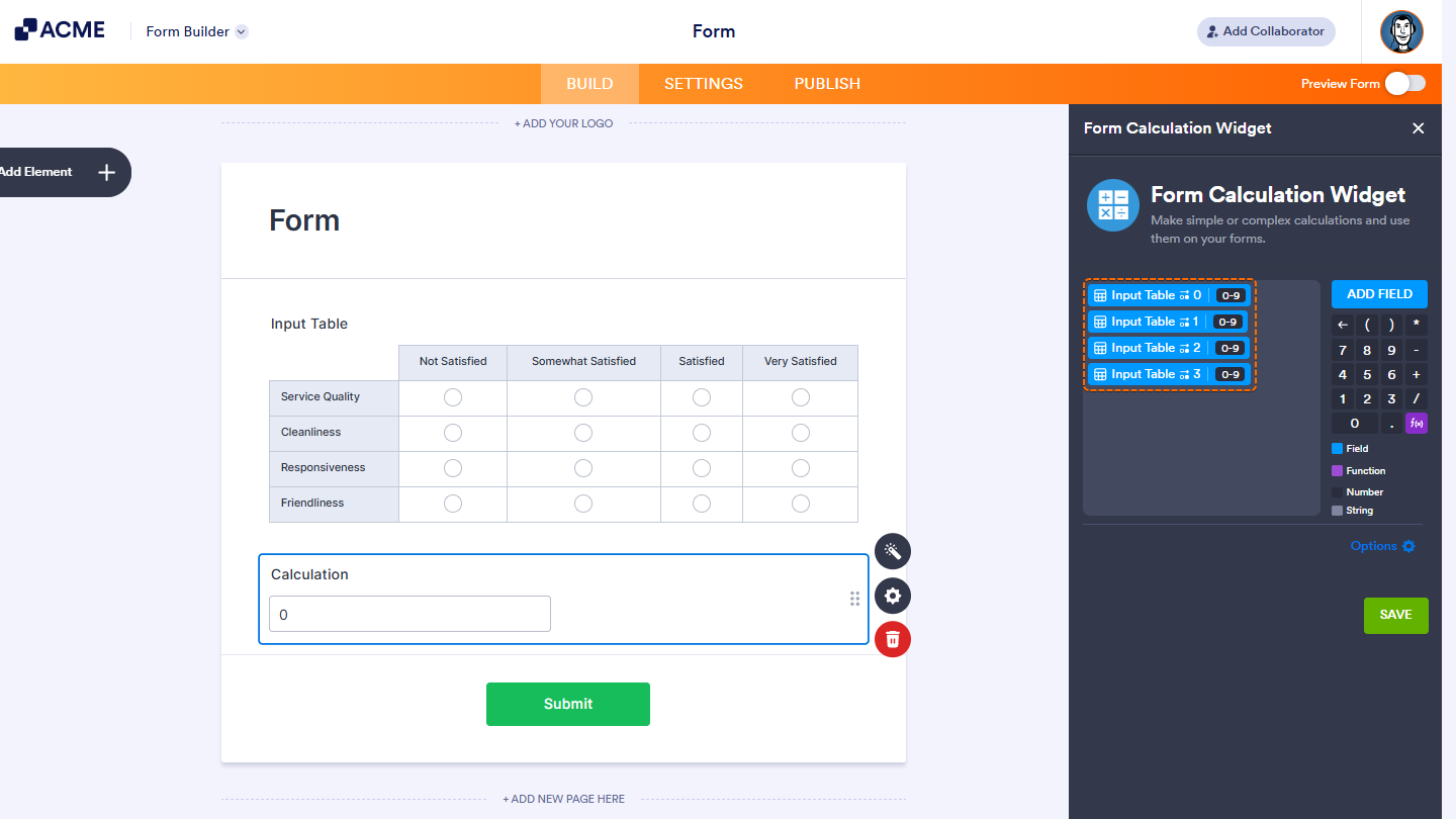 Form Calculation widget editor showing added Input Table sub-fields without operators, representing rows or cells depending on the input type