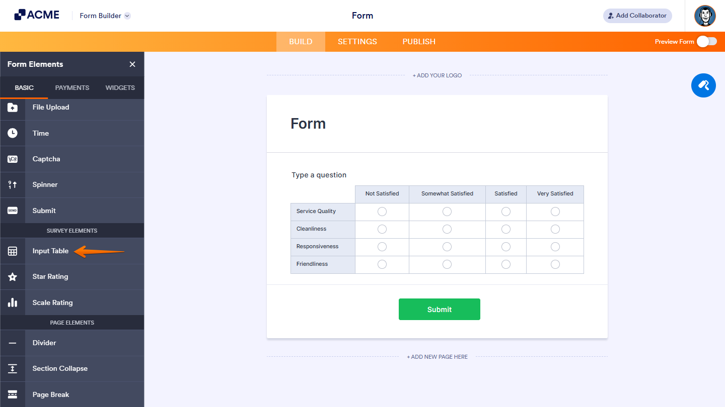 Input Table in Form Builder