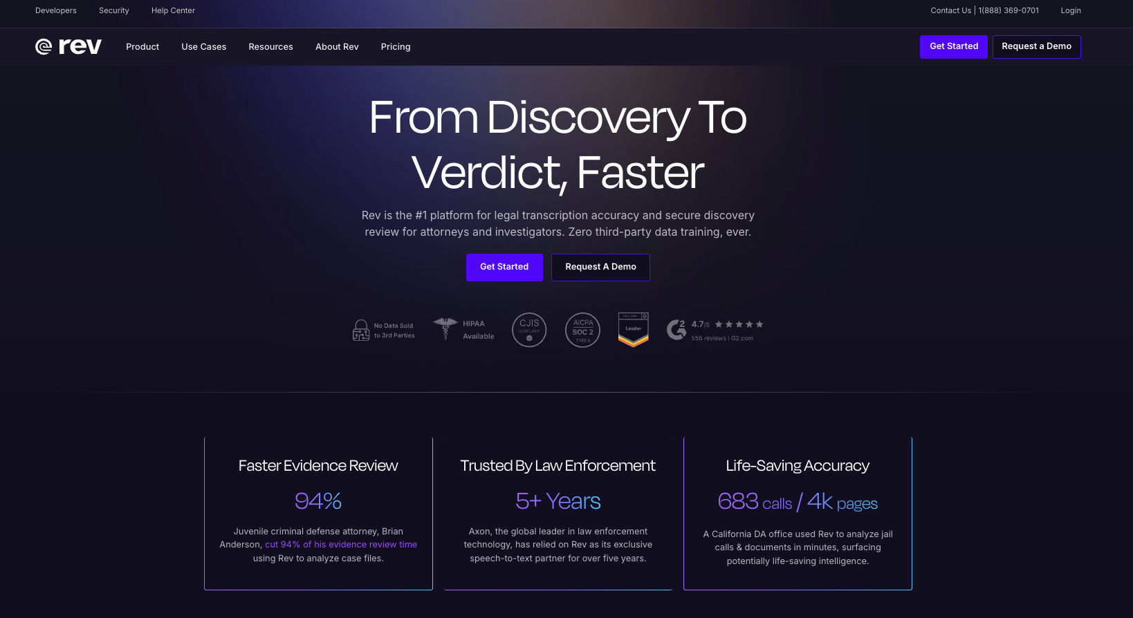 Rev website homepage screenshot with the words from discovery to verdict, faster