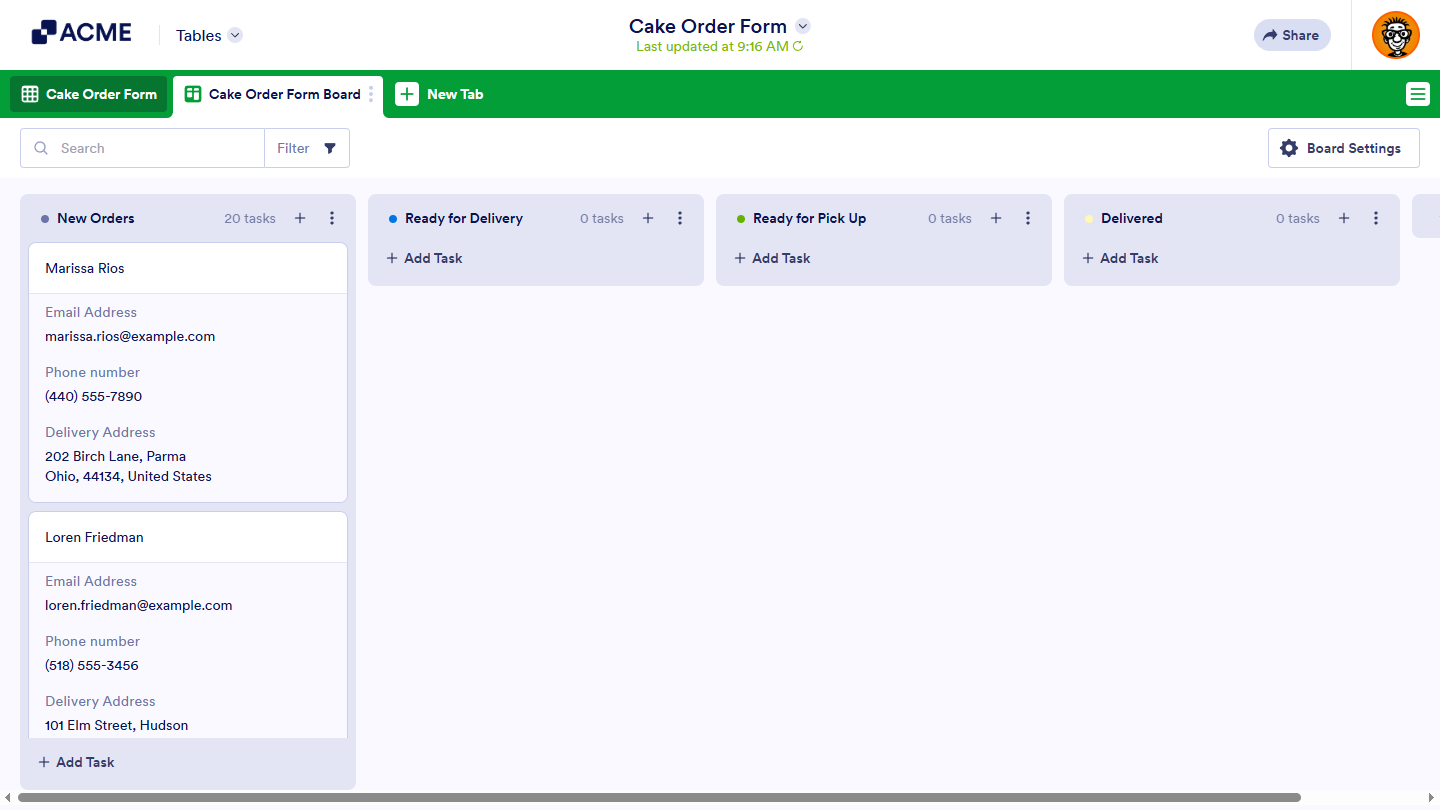 Boards view on a new tab in Tables
