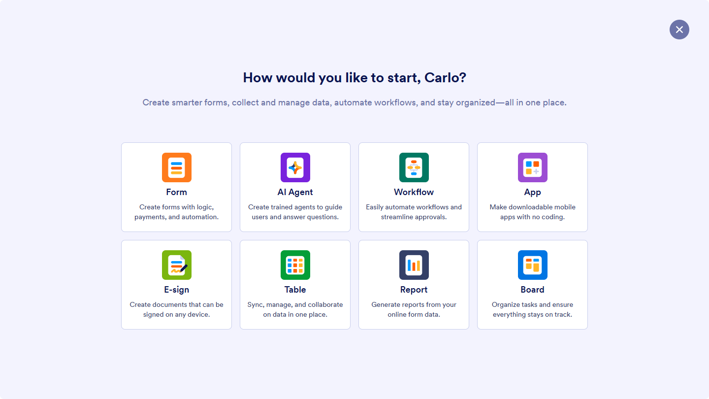 Options for creating different assets in Workspace, including Form, AI Agent, Workflow, App, E-Sign, Table, Report, and Board, each leading to their respective builder