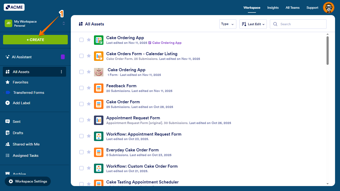 Create button on Workspace page