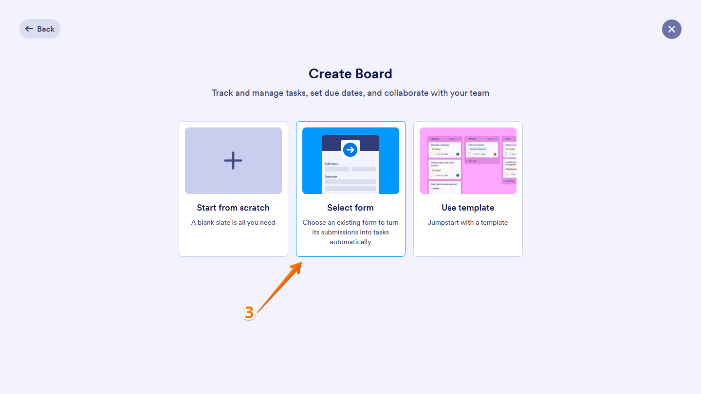 Select Form option in Create Board window on Workspace page