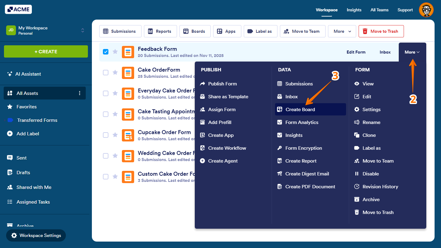 Create Board option under the Data column of the Form More menu on Workspace page