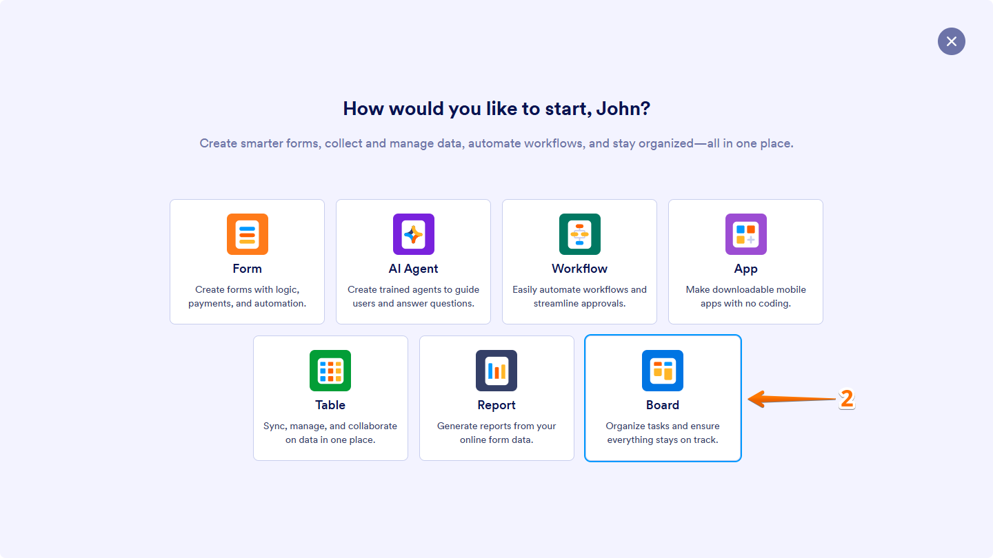 Boards option in Select Asset window on Workspace page