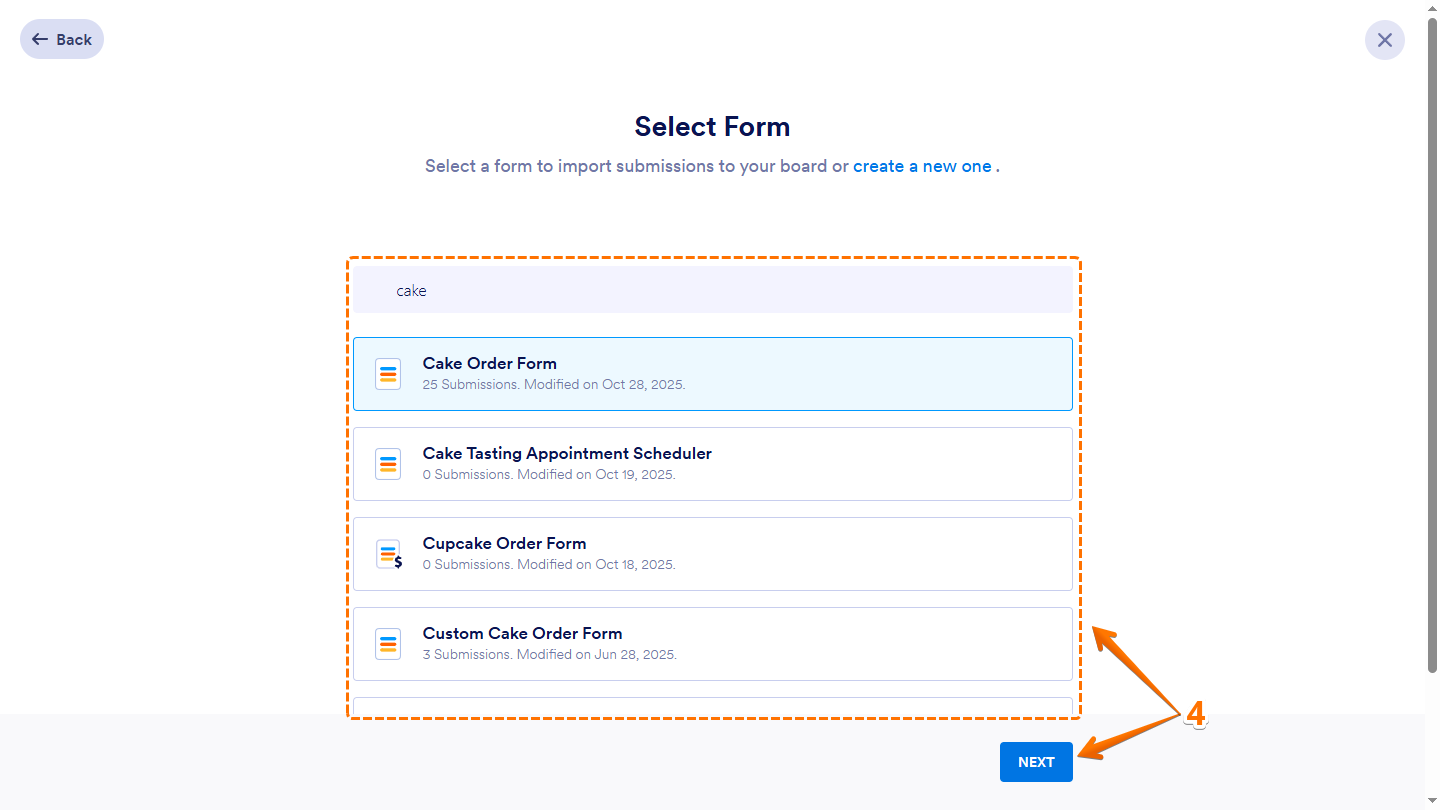Form list in Select Form window on Workspace page