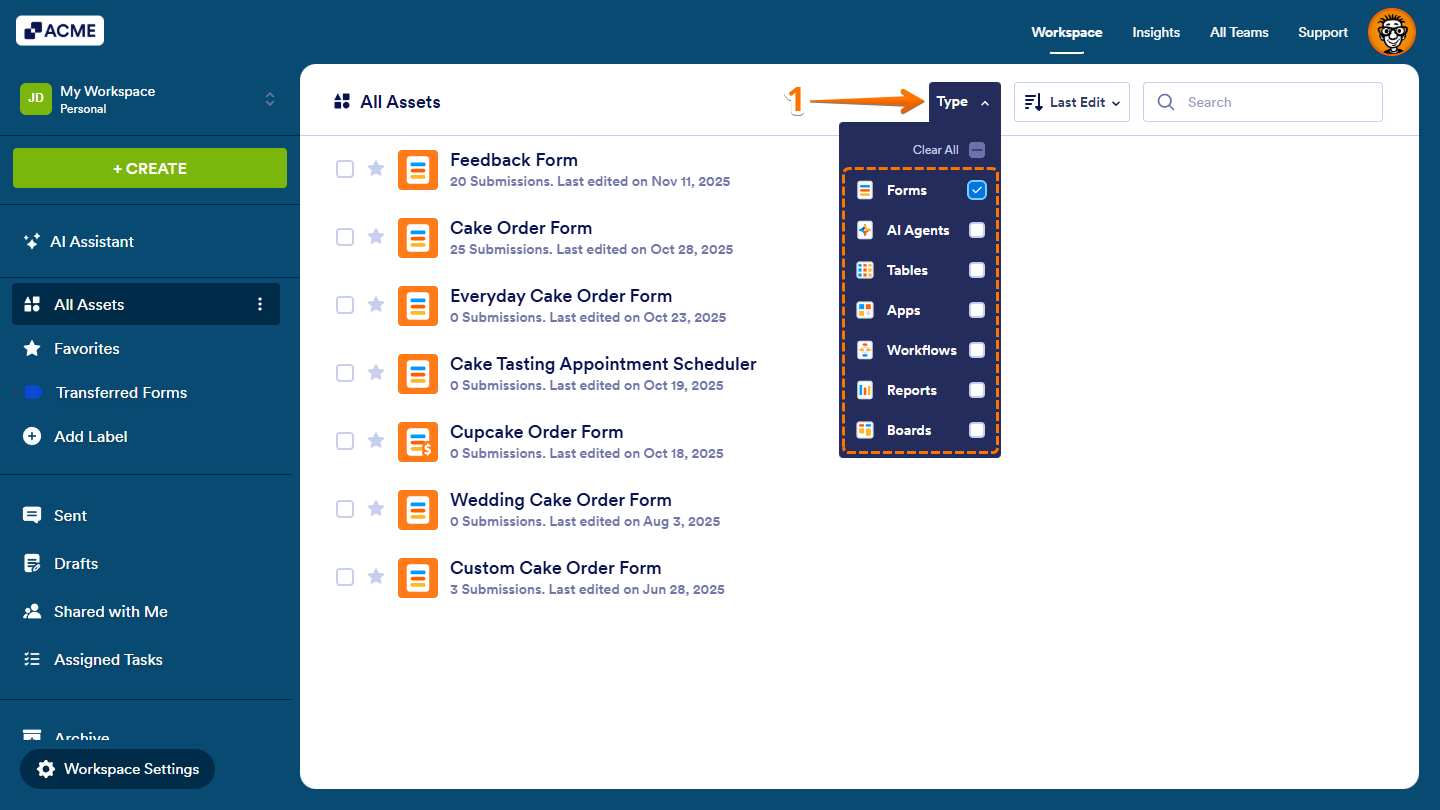 Selected Forms option in Type Dropdown menu on Workspace page