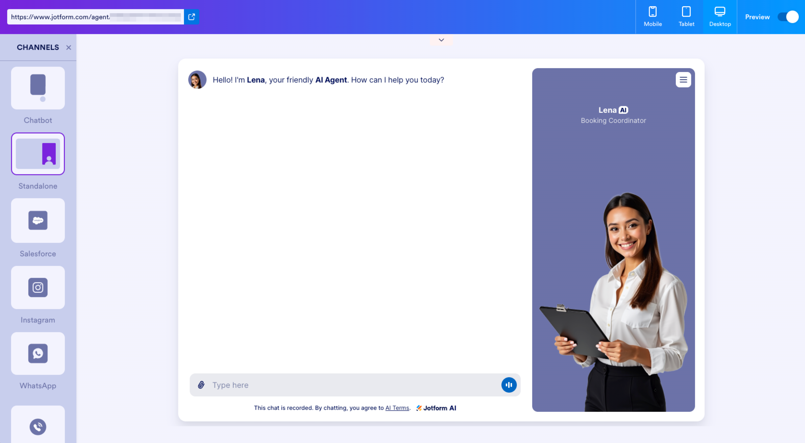 Jotform AI Agent Builder Agent Preview