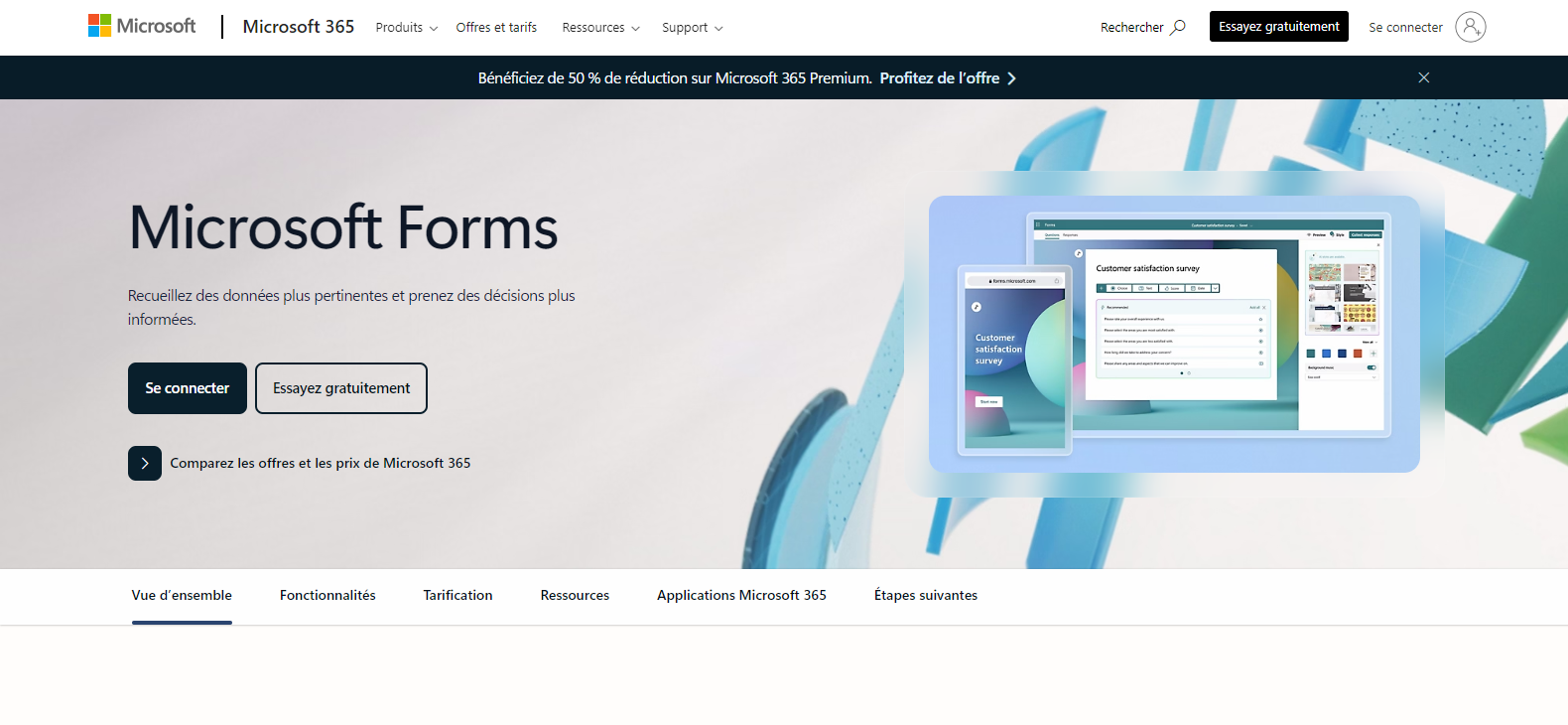 Capture d'écran de la page d'accueil de Microsoft Forms avec une option d'essai gratuit et une option de connexion