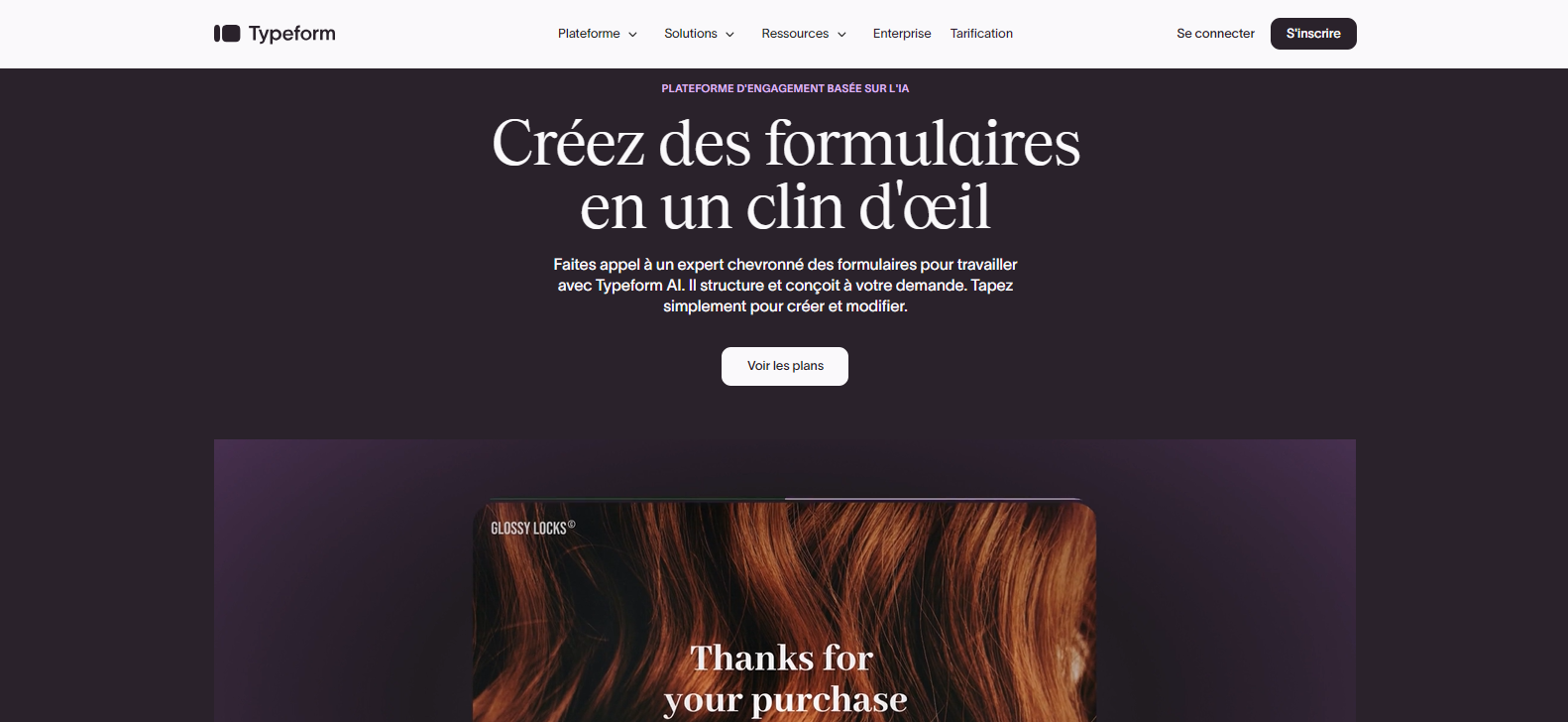 Capture d'écran de la page d'accueil Typeform