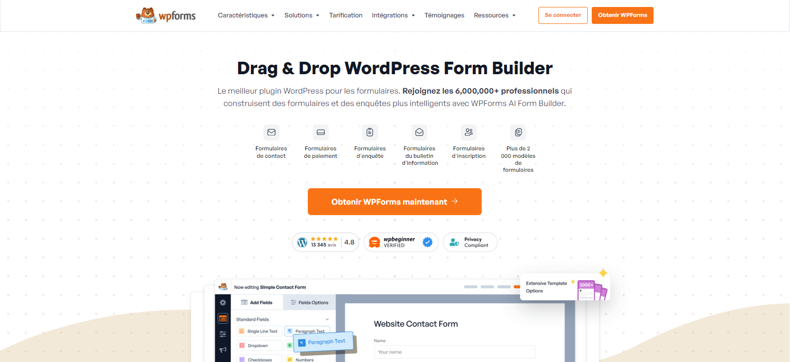 Capture d'écran de la page d'accueil du site WPForms