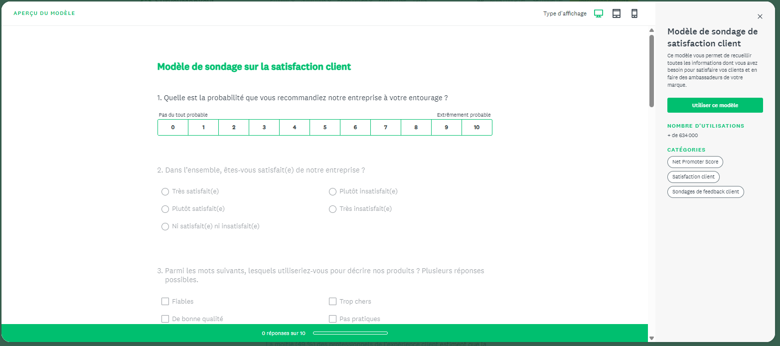 Capture d'écran d'un modèle d'enquête de sondage sur la satisfaction client récupéré sur le site web français de SurveyMonkey