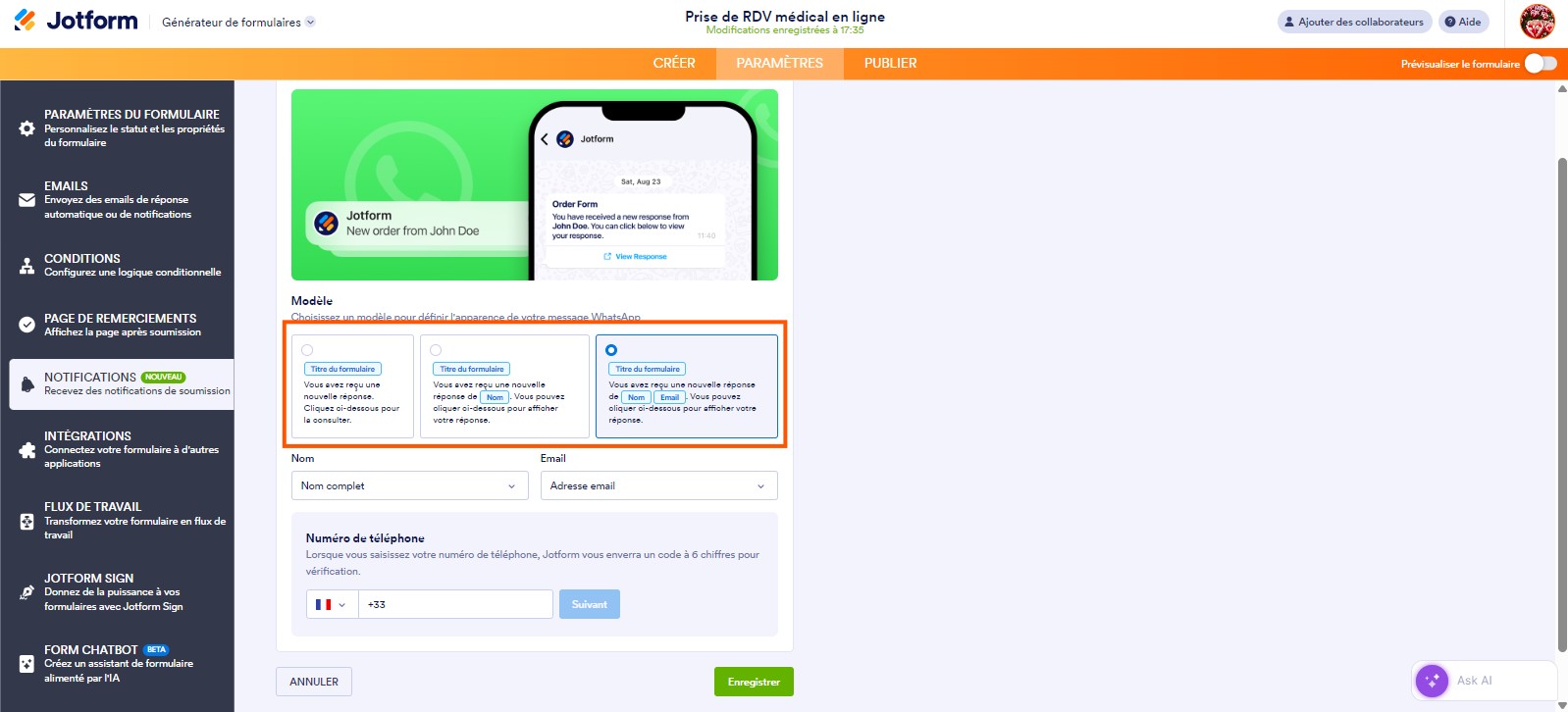 Capture d'écran d'un formulaire Prise de RDV médical en ligne dans le Générateur de formulaires Jotform avec l'écran WhatsApp et un encadré autour des modèles à utiliser pour un message WhatsApp