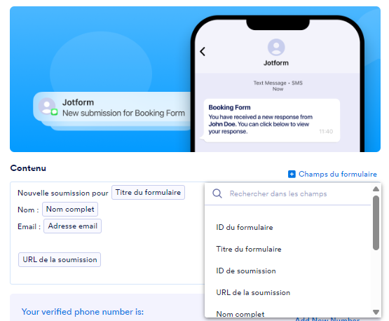 Capture d'écran de la page SMS dans le Générateur de formulaires Jotform avec la liste des choix des champs de formulaire à inclure dans la notification depuis la section Contenu