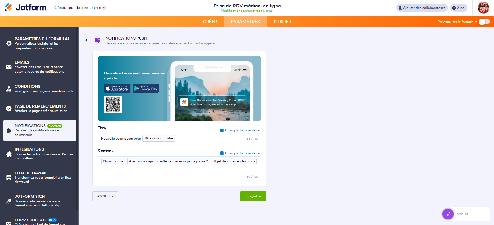 Capture d'écran de la page Notifications push dans le Générateur de formulaires Jotform avec la liste des champs de formulaire à inclure dans la notification depuis la section Contenu