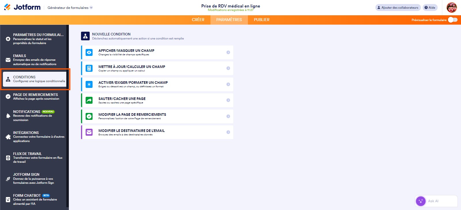 Capture d'écran de la page Nouvelle condition de l'onglet Paramètres dans le Générateur de formulaires Jotform avec un encadré autour de l'option Conditions dans le volet latéral gauche