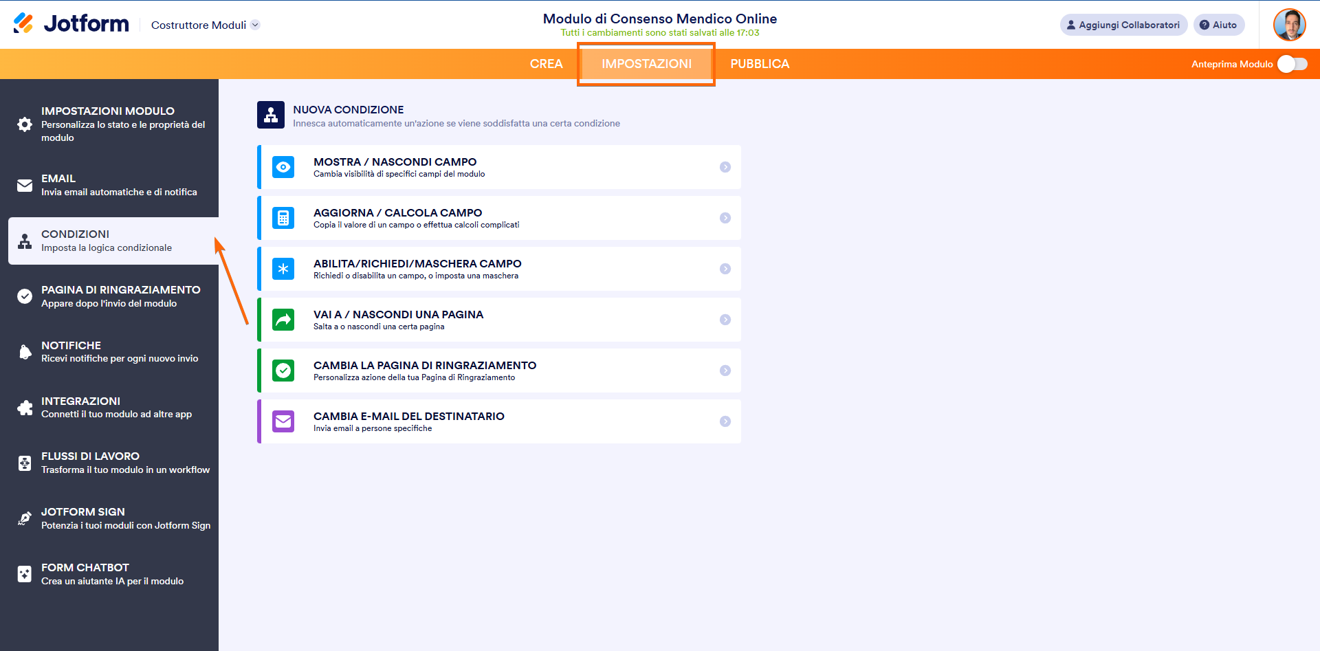 Cliccando sulla scheda Impostazioni e poi sull'opzione Condizioni nel Costruttore Moduli di Jotform