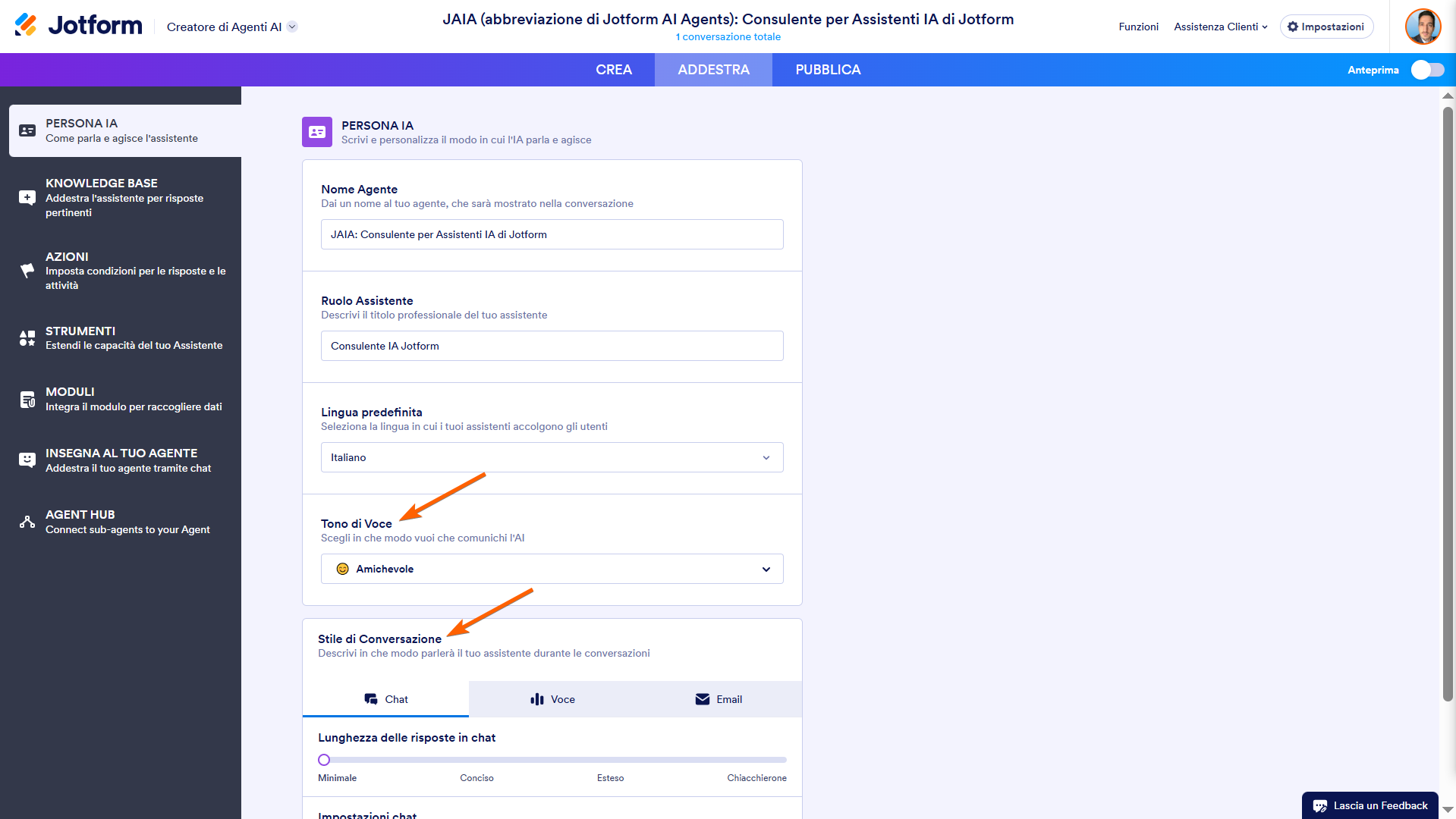 Evidenziando le opzioni Tono di Voce e Stile di Conversazione sotto la pagina Persona IA nel Costruttore di Agenti IA di Jotform