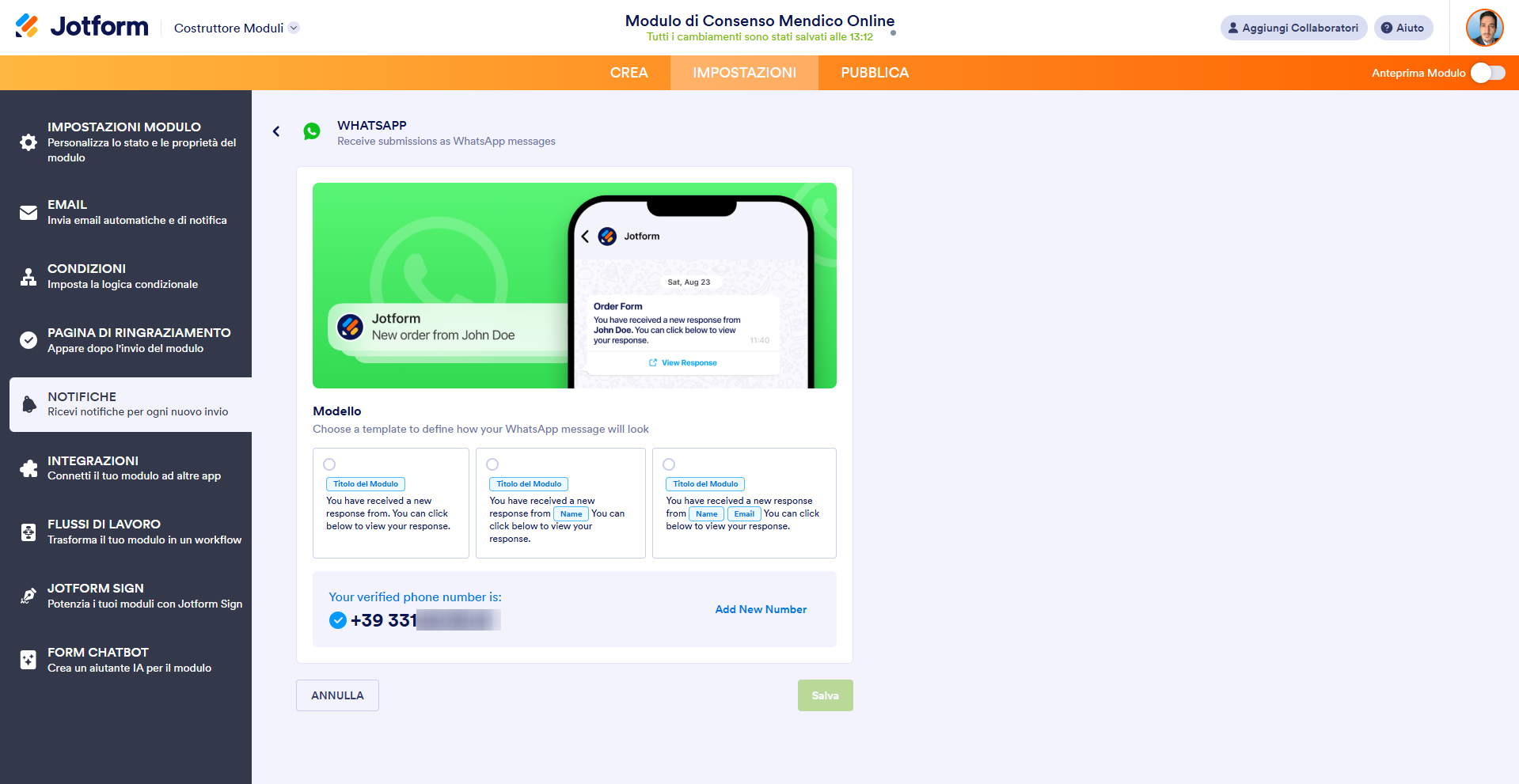 Screenshot che mostra il numero di telefono verificato nella pagina WhatsApp del Costruttore di Moduli di Jotform