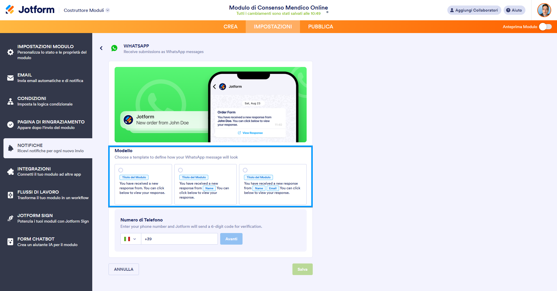 Screenshots che mostra i modelli disponibili delle Notifiche WhatsApp nel Costruttore di Moduli di Jotform