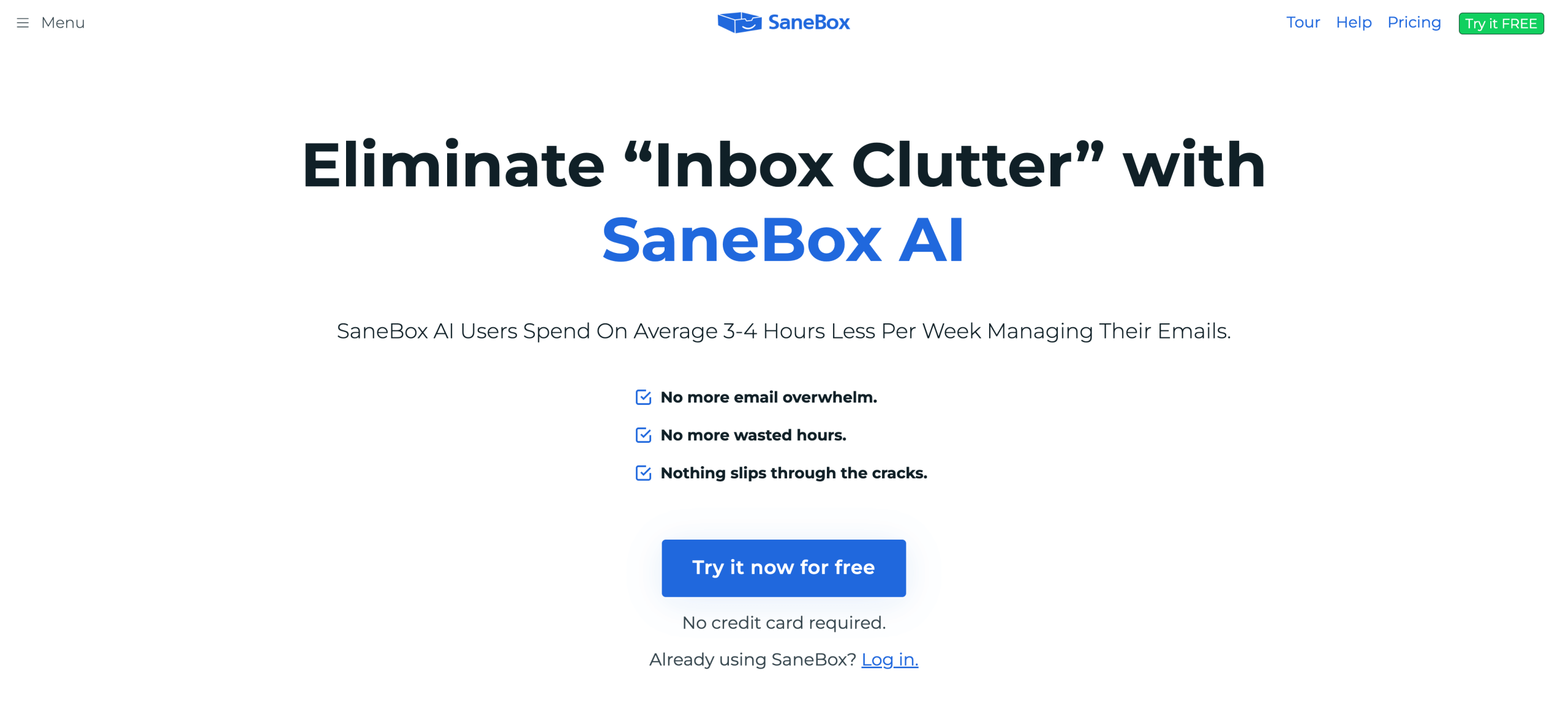 Screenshot of Sanebox landing page