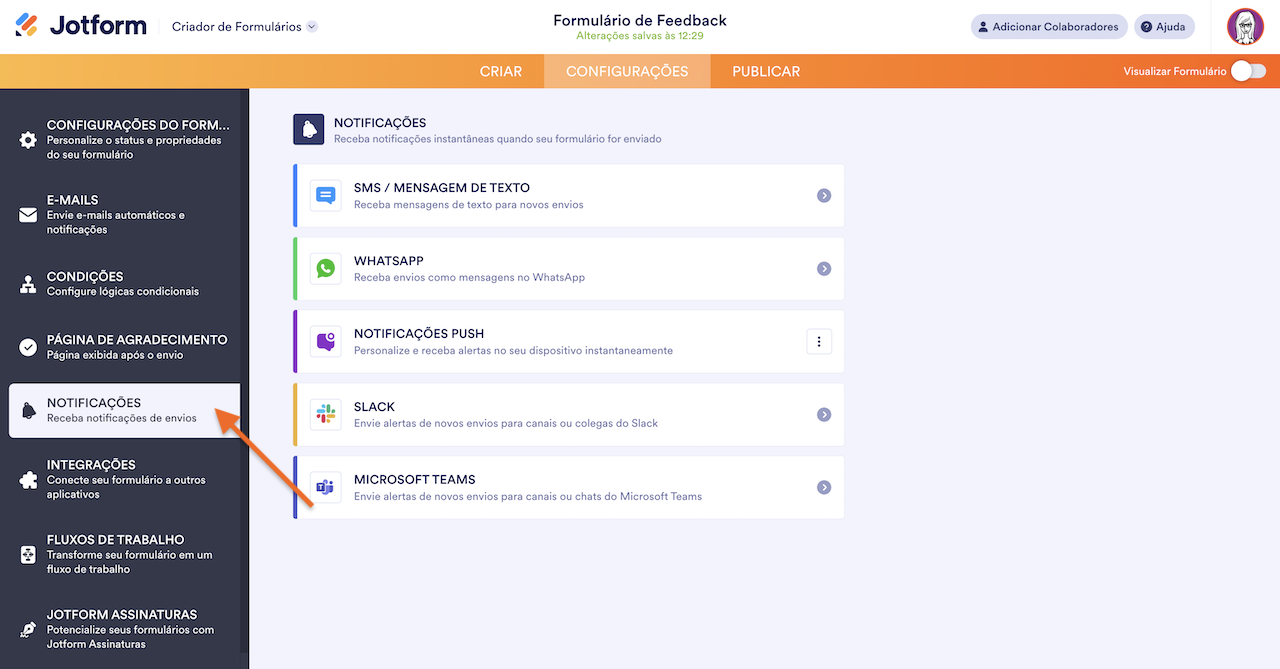 Clicando na opção Notificações na aba Configurações do Criador de Formulários Jotform