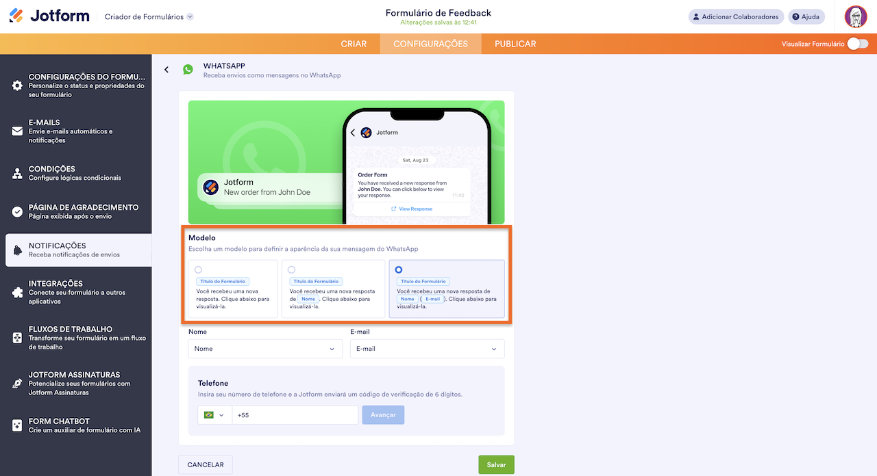 Visualizando os modelos a serem usados para uma mensagem do WhatsApp no Criador de Formulários Jotform