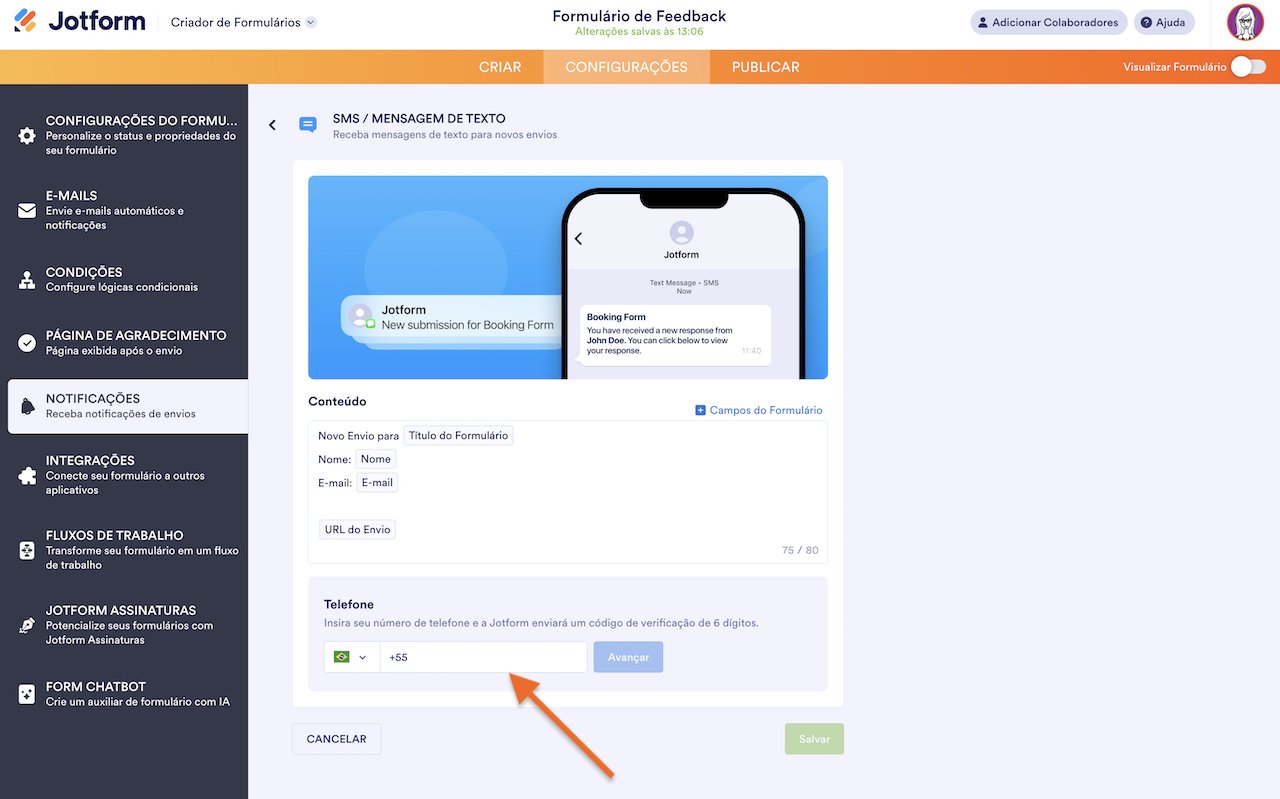 Inserindo um número de telefone na página SMS/Mensagem de Texto no Criador de Formulários Jotform