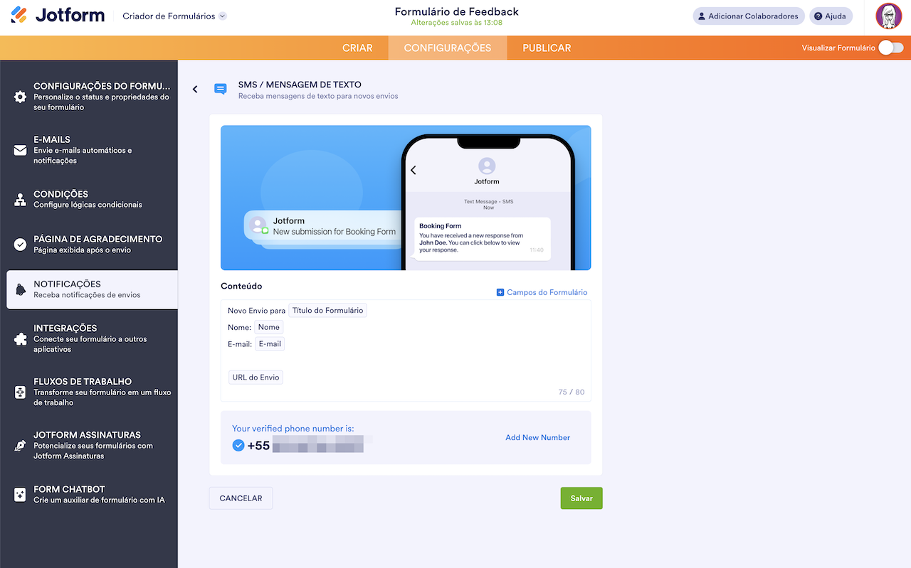 Visualizando o número de telefone verificado na página SMS/Mensagem de Texto no Criador de Formulários Jotform