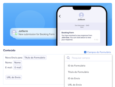 Escolhendo quais campos do formulário incluir na notificação na seção Conteúdo