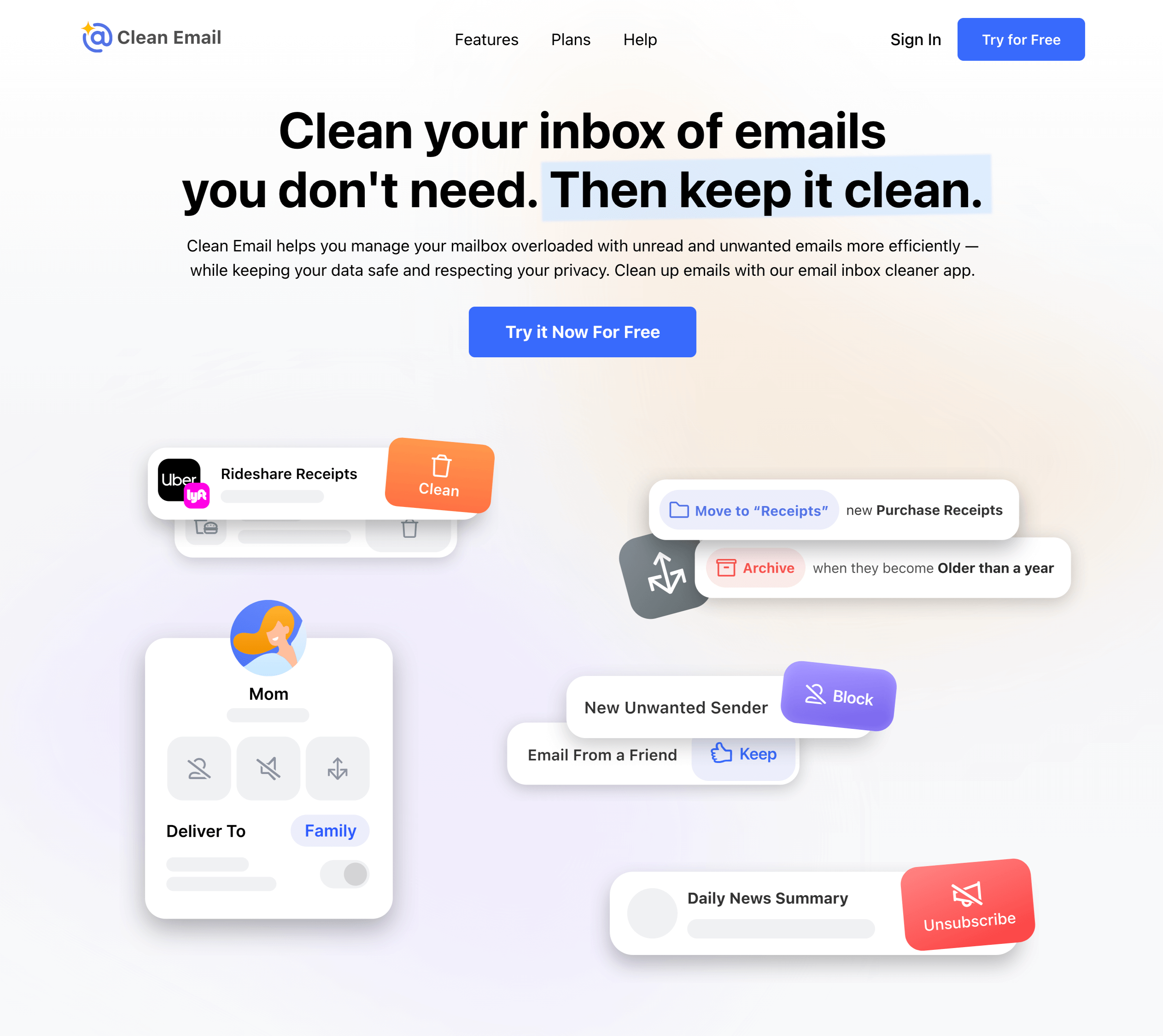 Screenshot of Clean Email landing page
