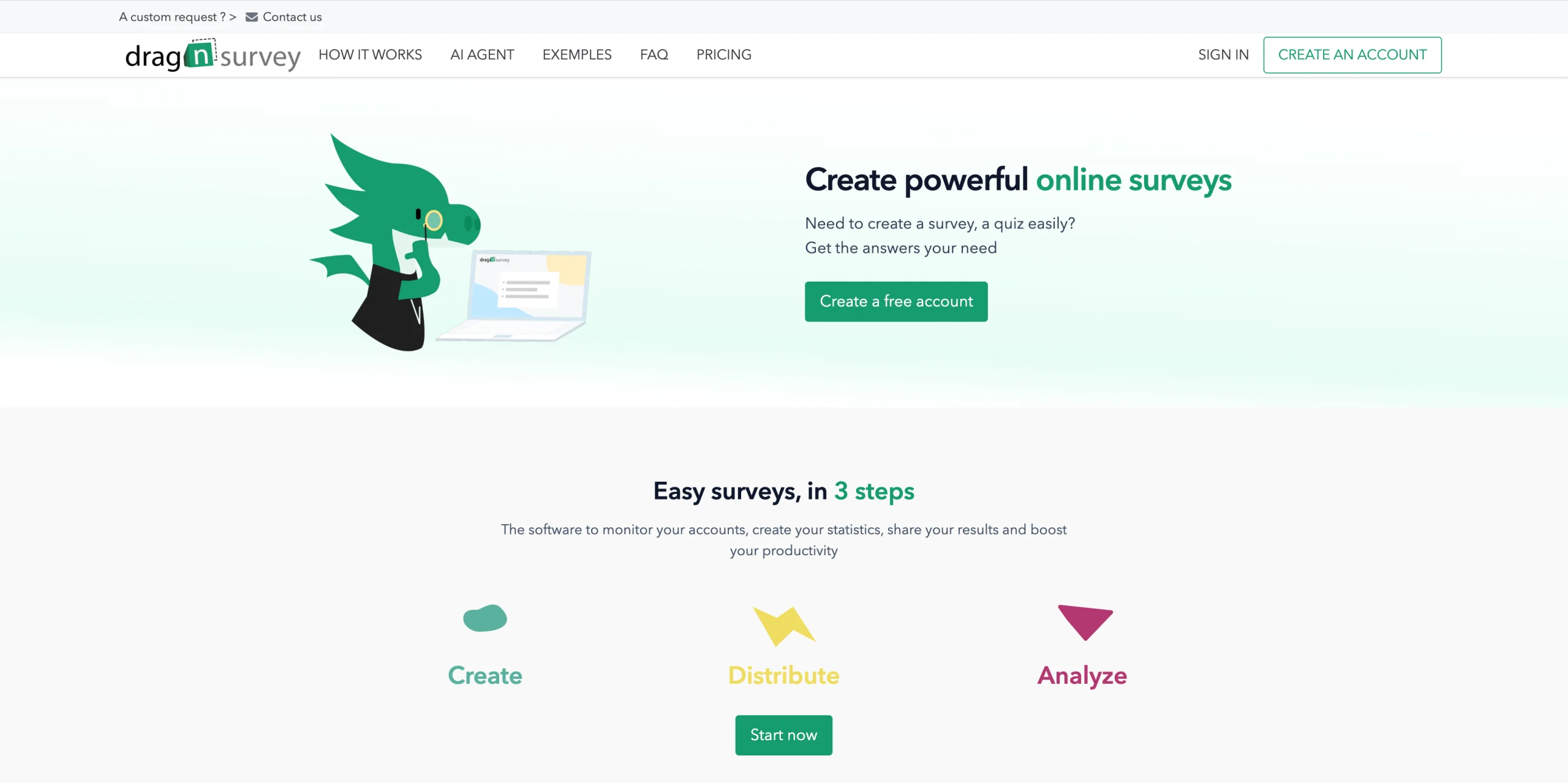 Screenshot of Drag'n Survey's landing page, showing a headline "Create powerful online surveys"