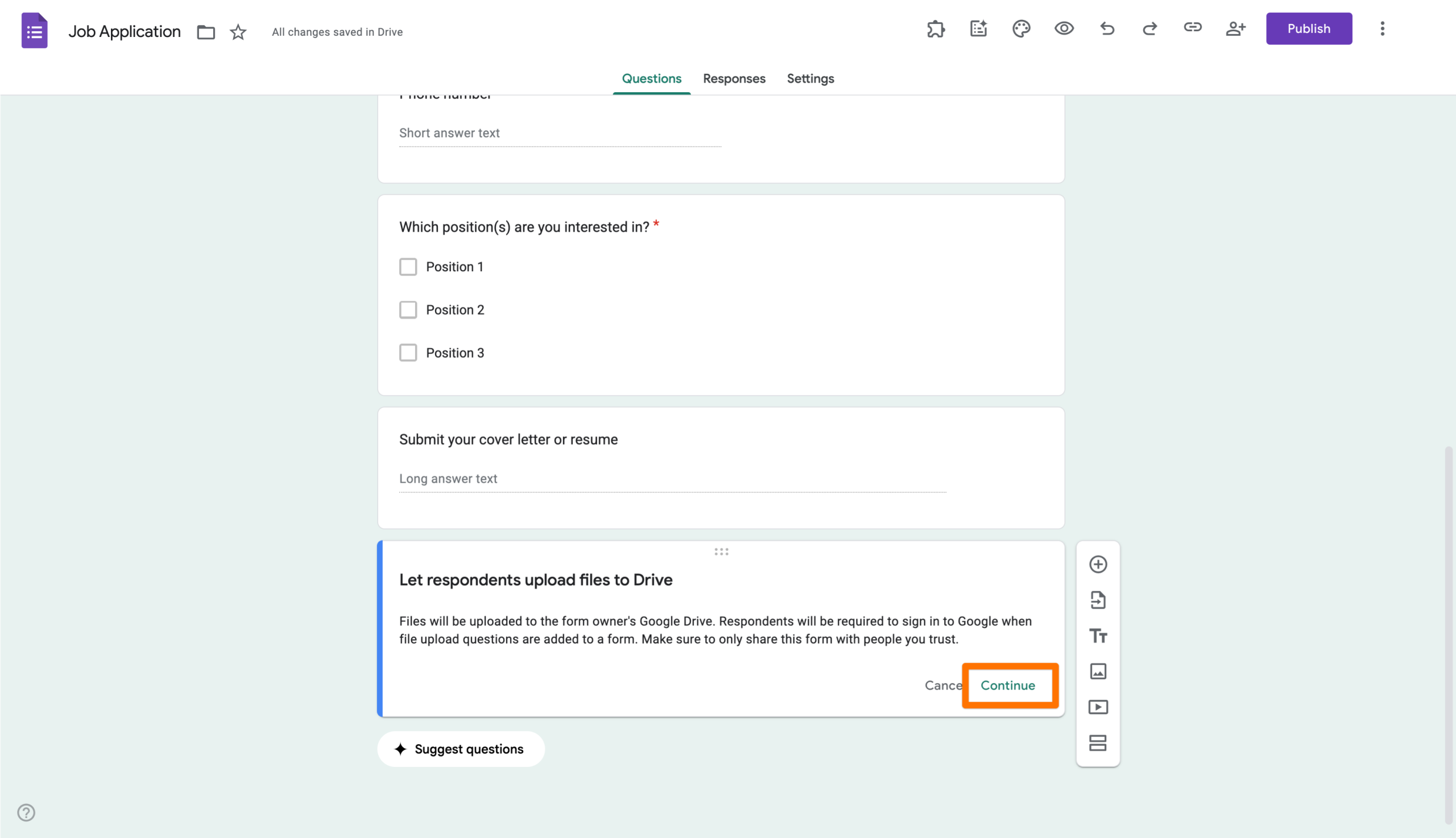 A Google Form dialog box titled "Let respondents upload files to Drive" appears, explaining that files will be uploaded to the owner's Google Drive