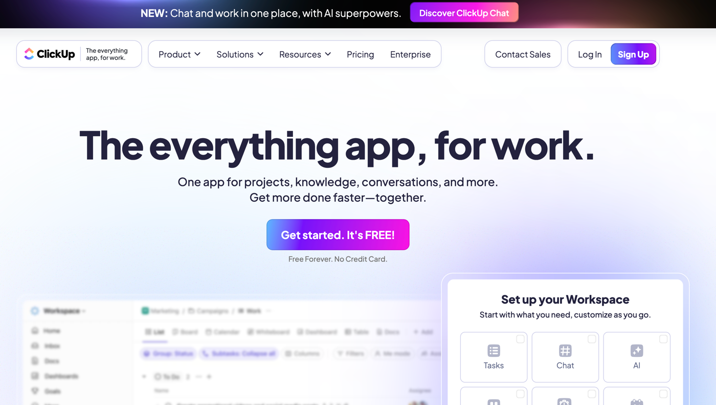 screenshot of ClickUp website homepage with the following words the everything app for work